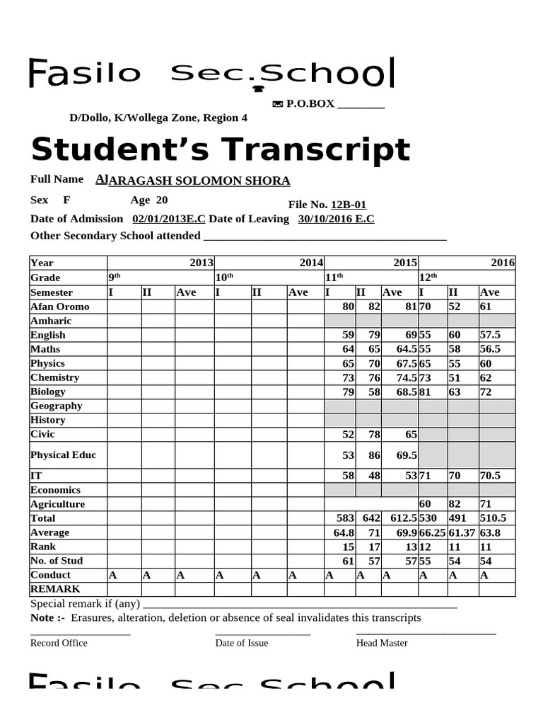 Student Transcripts from Wollega Zone | PDF | Science | Natural Sciences