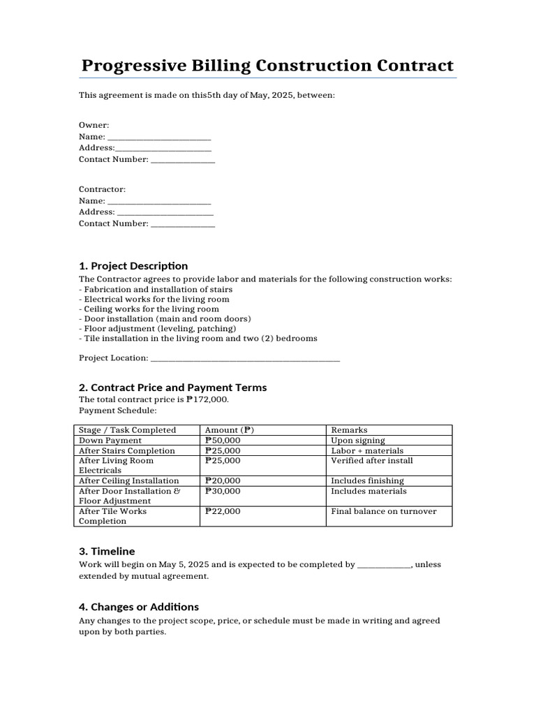 Progressive Billing Construction Contract | PDF | Business Law