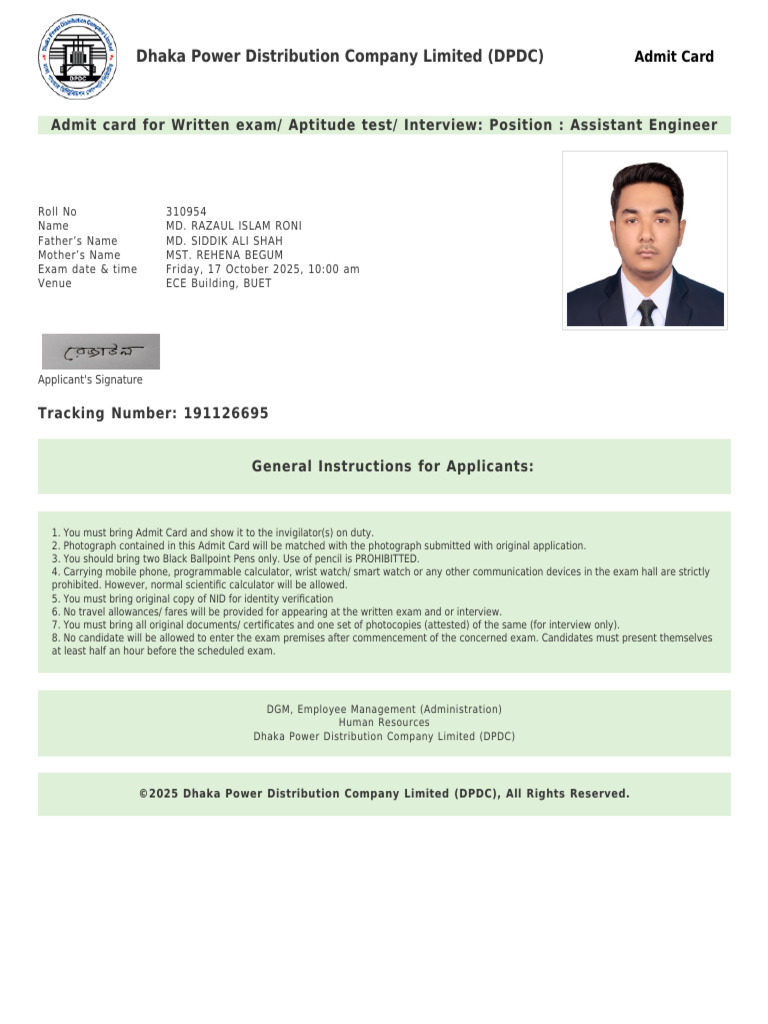 DPDC Assistant Engineer Admit Card 2025 | PDF