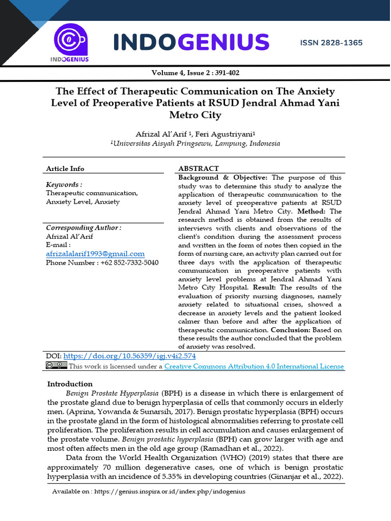 The Effect of Therapeutic Communication On The Anxiety Level of ...
