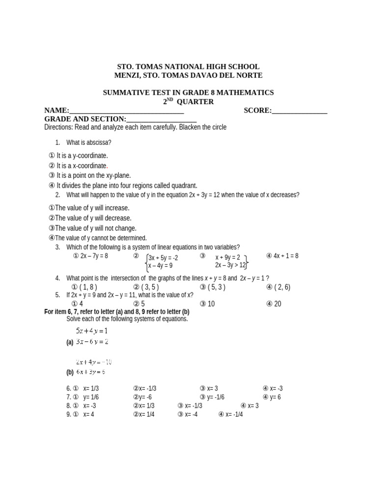 Grade 8 Math 2nd Quarter Test Key | PDF | Function (Mathematics ...