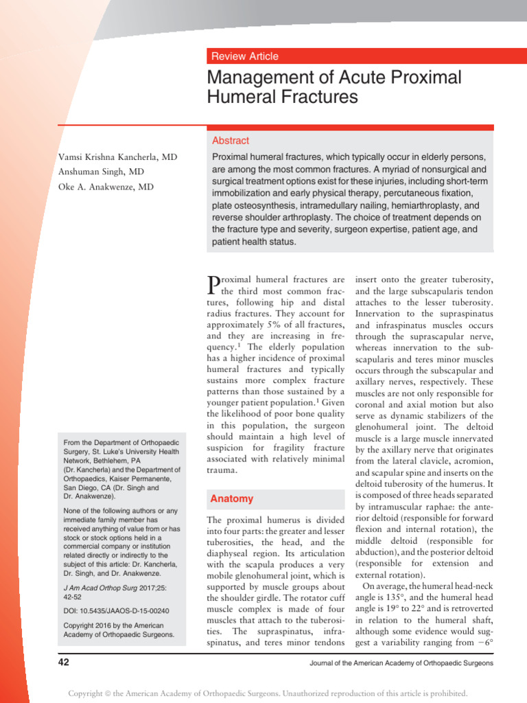 Management of Acute Proximal Humeral Fracture | PDF | Shoulder | Human ...