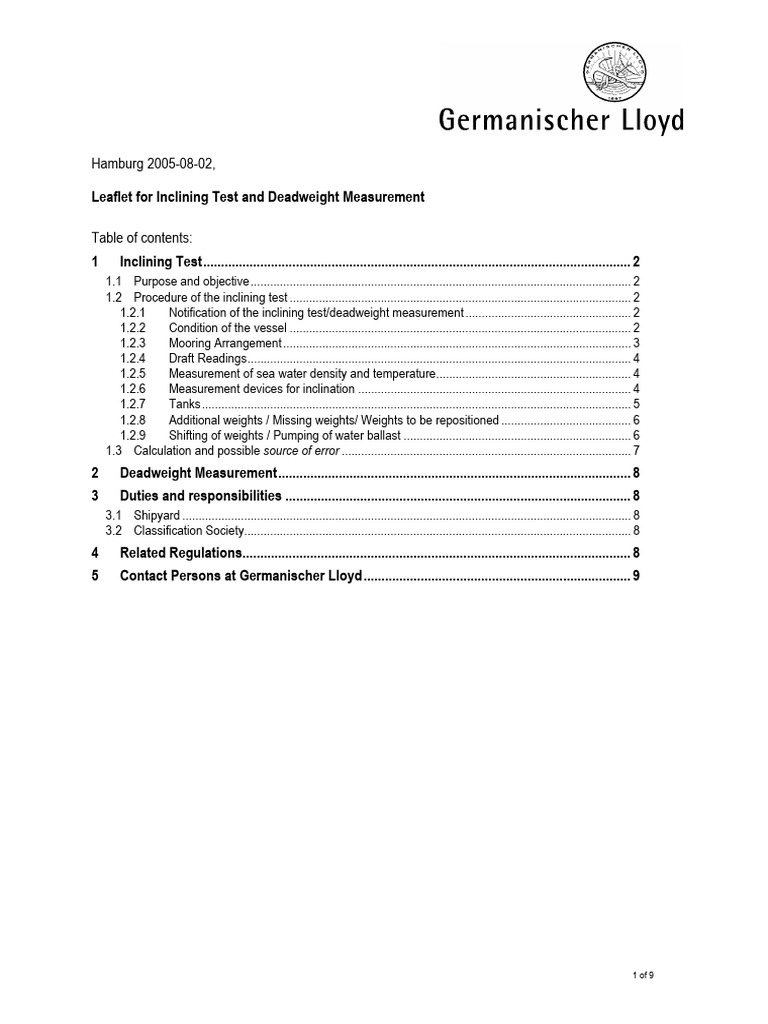 Leaflet For Inclining Test | PDF | Buoyancy | Pendulum