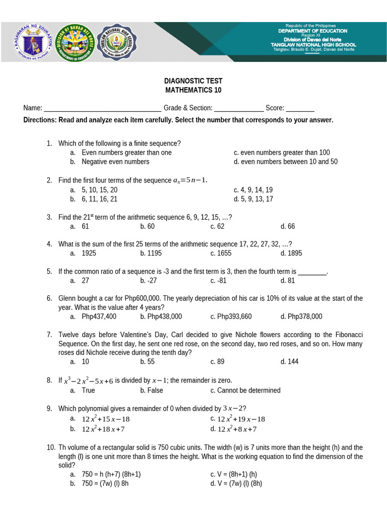 Mathematics Diagnostic Test for Grade 10 | PDF | Circle | Percentile
