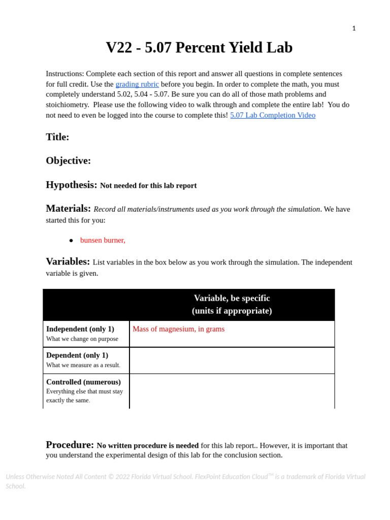 5.07 Percent Yield Lab Report Guide | PDF