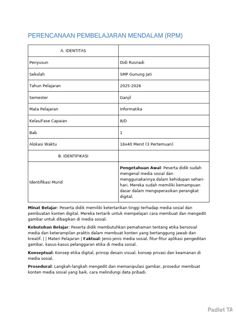 Rencana Pembelajaran Mendalam (RPM) | PDF