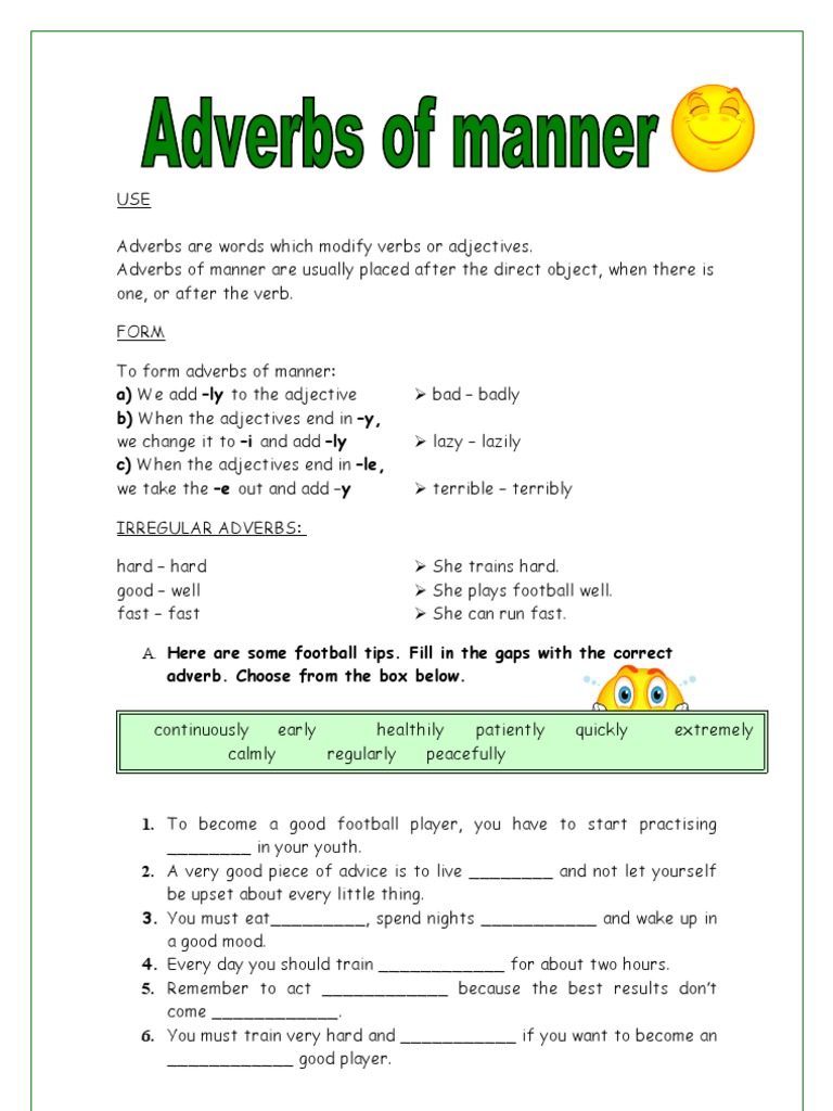 Adverbs of Manner Worksheet for Kids | PDF | Career & Growth | Language ...