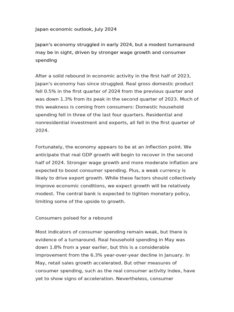 Japan Economic Outlook: July 2024 Insights | PDF | Inflation | Japanese Yen