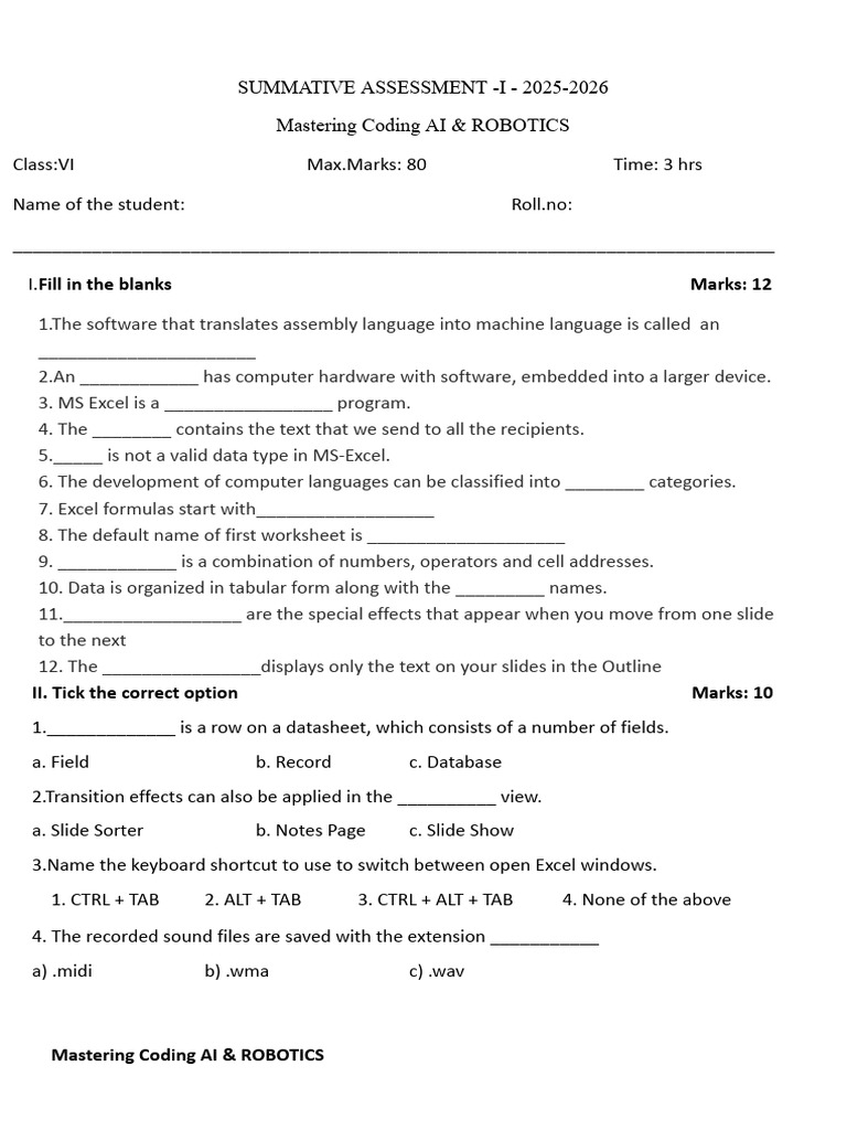 Coding and Robotics Assessment 2025-26 | PDF | Microsoft Excel | Computing