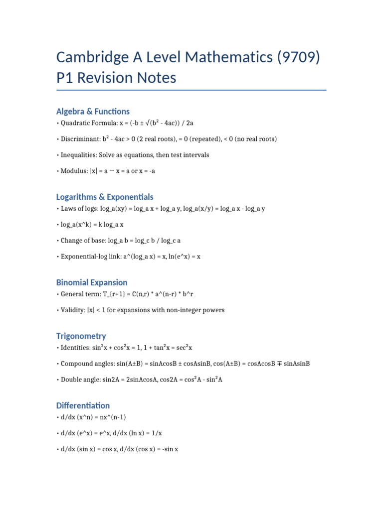 A Level Maths 9709 Revision Notes | PDF