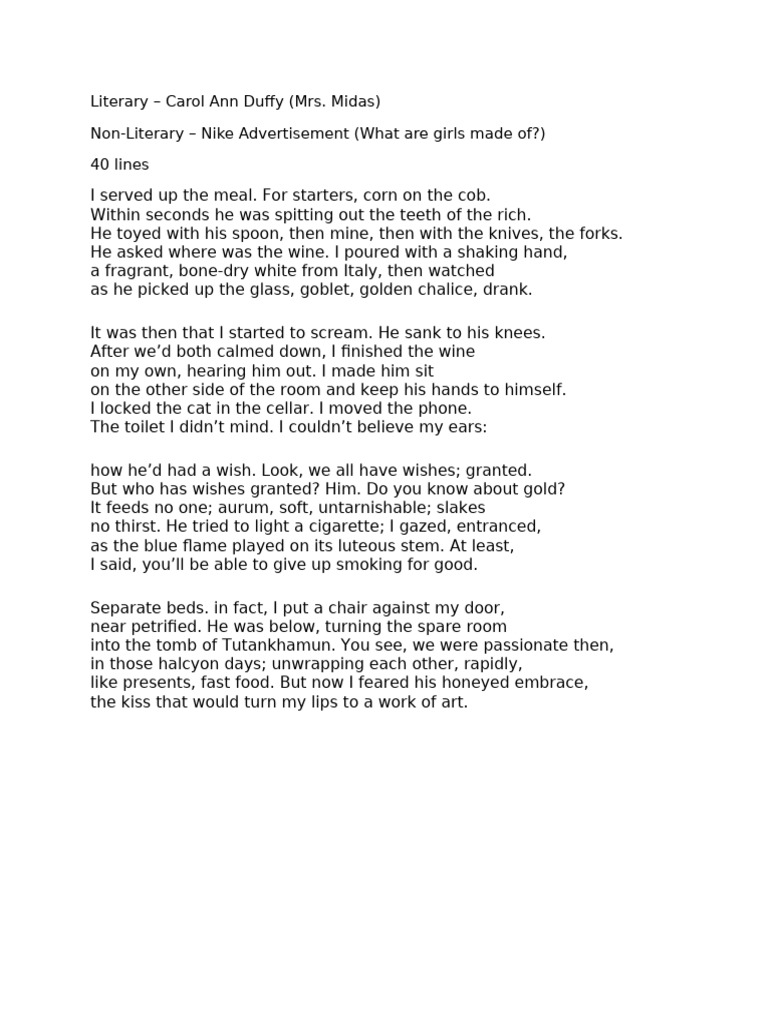 Carol Ann Duffy's Mrs. Midas Analysis | PDF