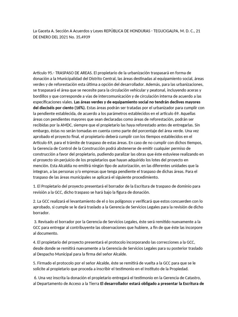 Traspaso de Áreas en Urbanizaciones en Honduras | PDF