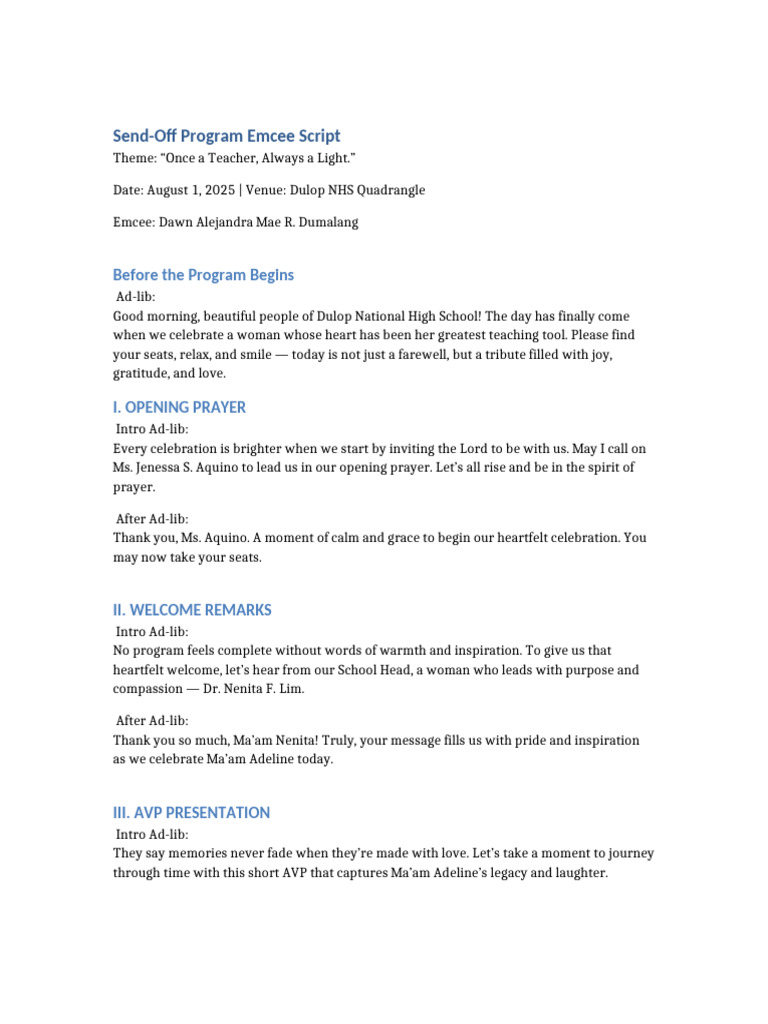 Send Off Program Emcee Script | PDF