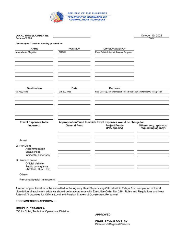Local Travel Order for Free WiFi Inspection | PDF