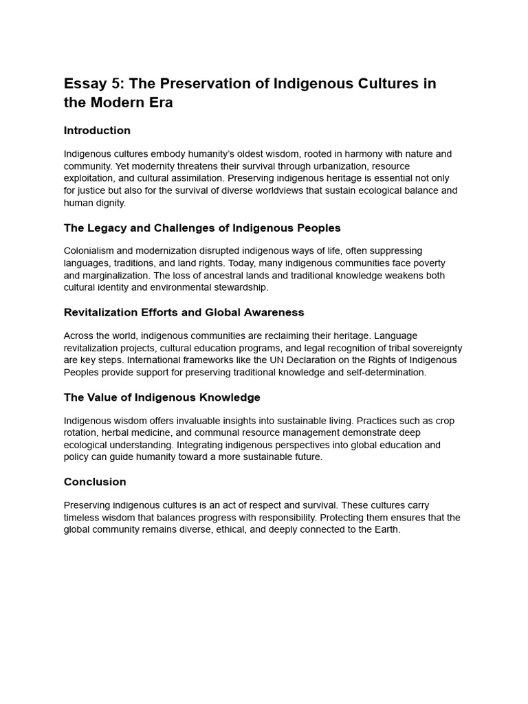 Essay 5 - The Preservation of Indigenous Cultures in The Modern Era | PDF