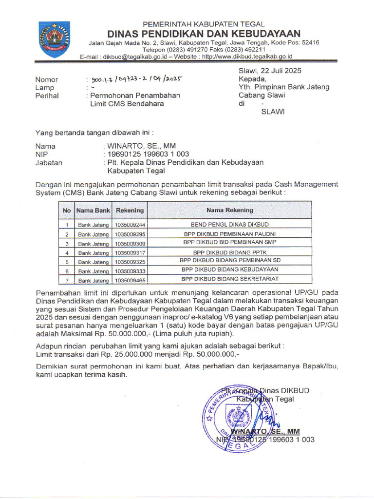 Permohonan Penambahan Limit CMS Tegal | PDF