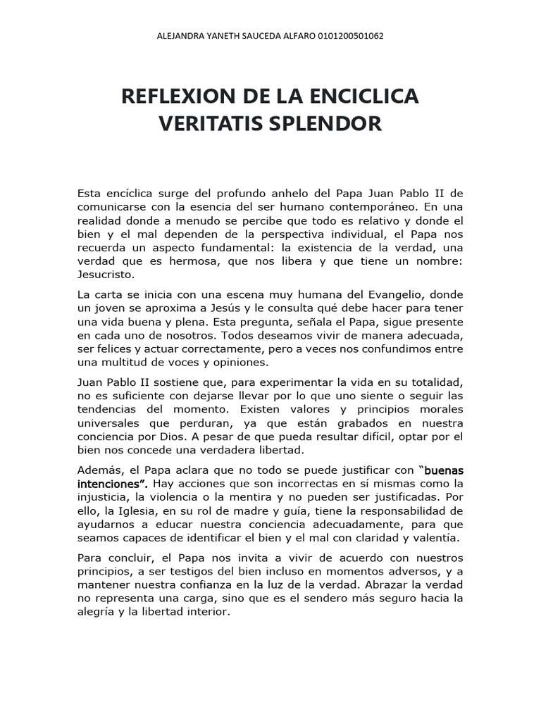 Reflexiones sobre Veritatis Splendor | PDF