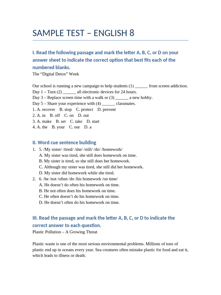 English 8 Sample Test Questions | PDF | Plastic