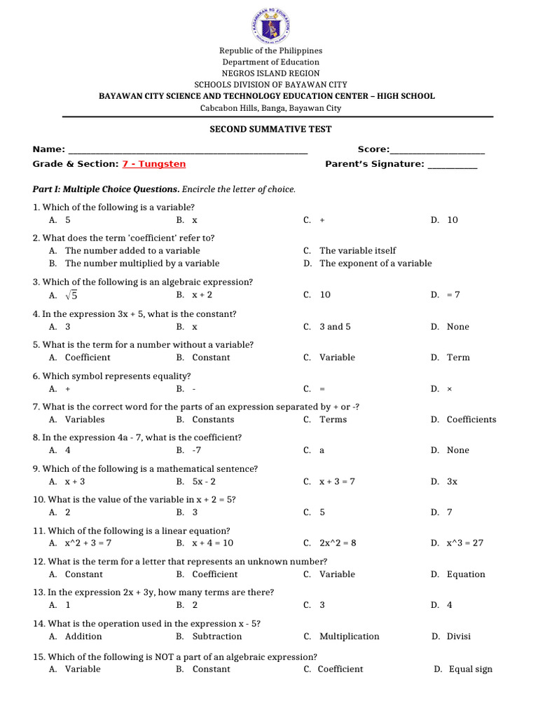 Grade 7 Algebra Summative Test | PDF | Variable (Mathematics) | Polynomial