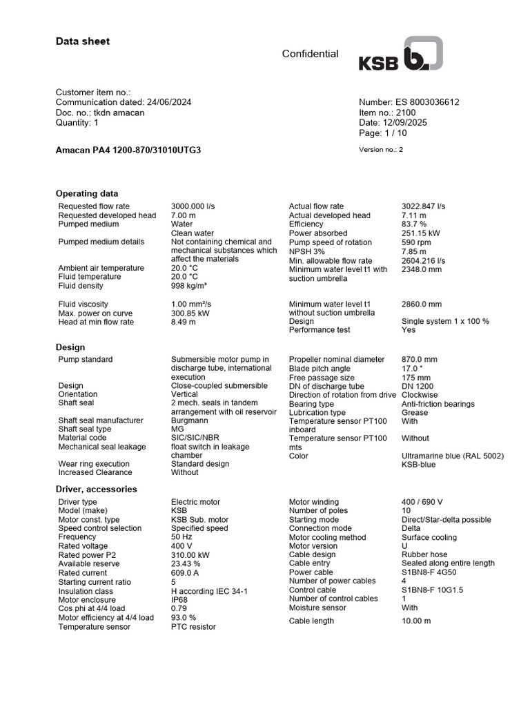 Amacan PA4 Submersible Pump Data Sheet | PDF | Pump | Flow Measurement