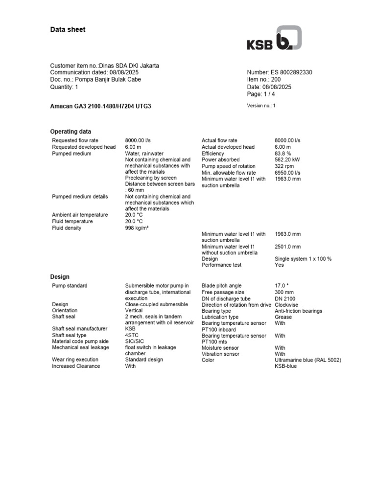 Submersible Pump Data Sheet - KSB | PDF | Pump | Bearing (Mechanical)