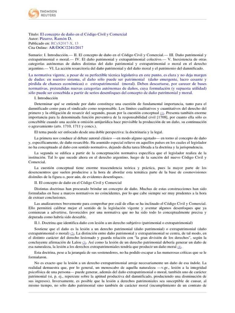 Pizarro, El Concepto de Daño | PDF | Daños y perjuicios | Bienes (Ley)