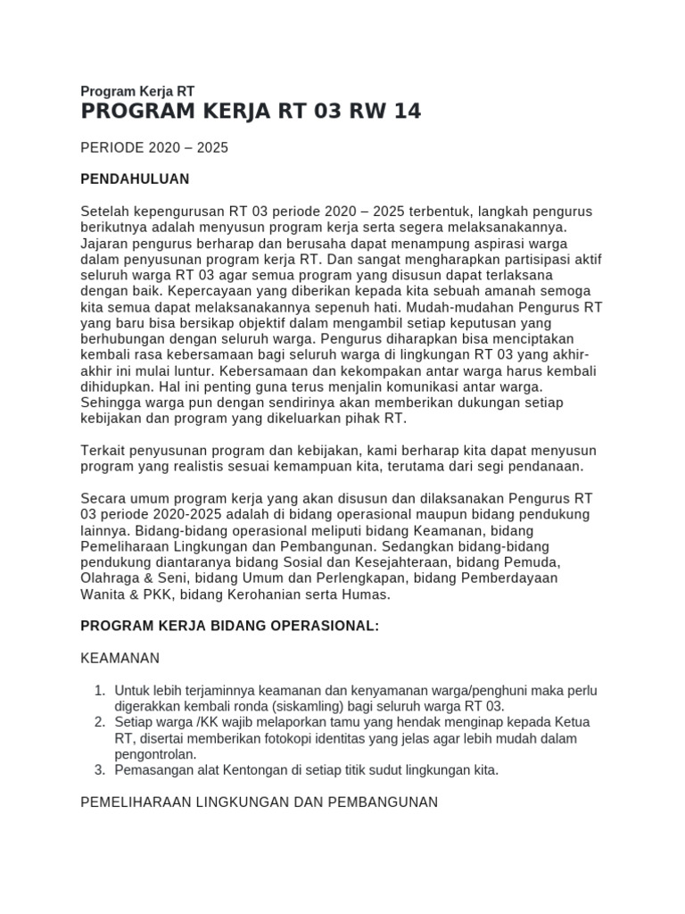 Program Kerja RT 03 RW 14 2020-2025 | PDF