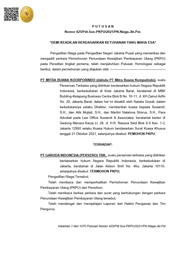 Putusan PKPU Garuda Indonesia 2021 | PDF