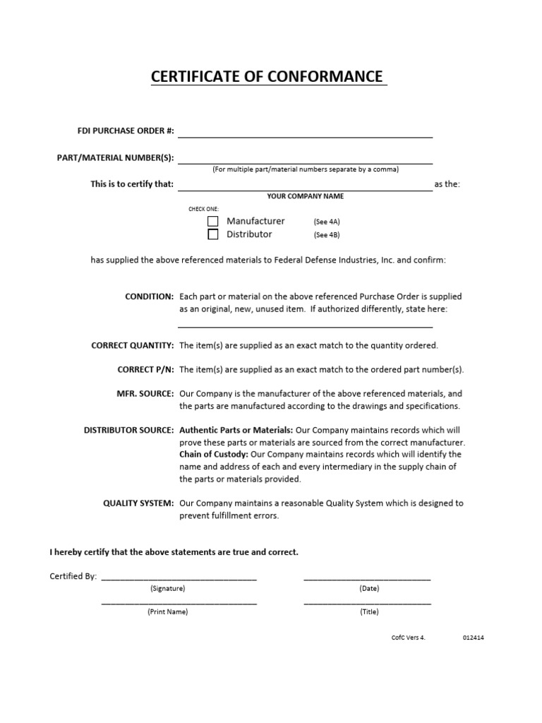 Certificate of Conformance Template | PDF