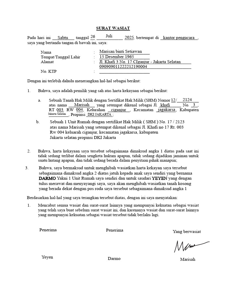 Contoh Surat Wasiat Harta Kekayaan | PDF
