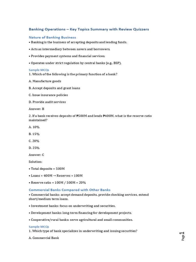 Banking Operations Overview and Quiz | PDF | Banks | Loans