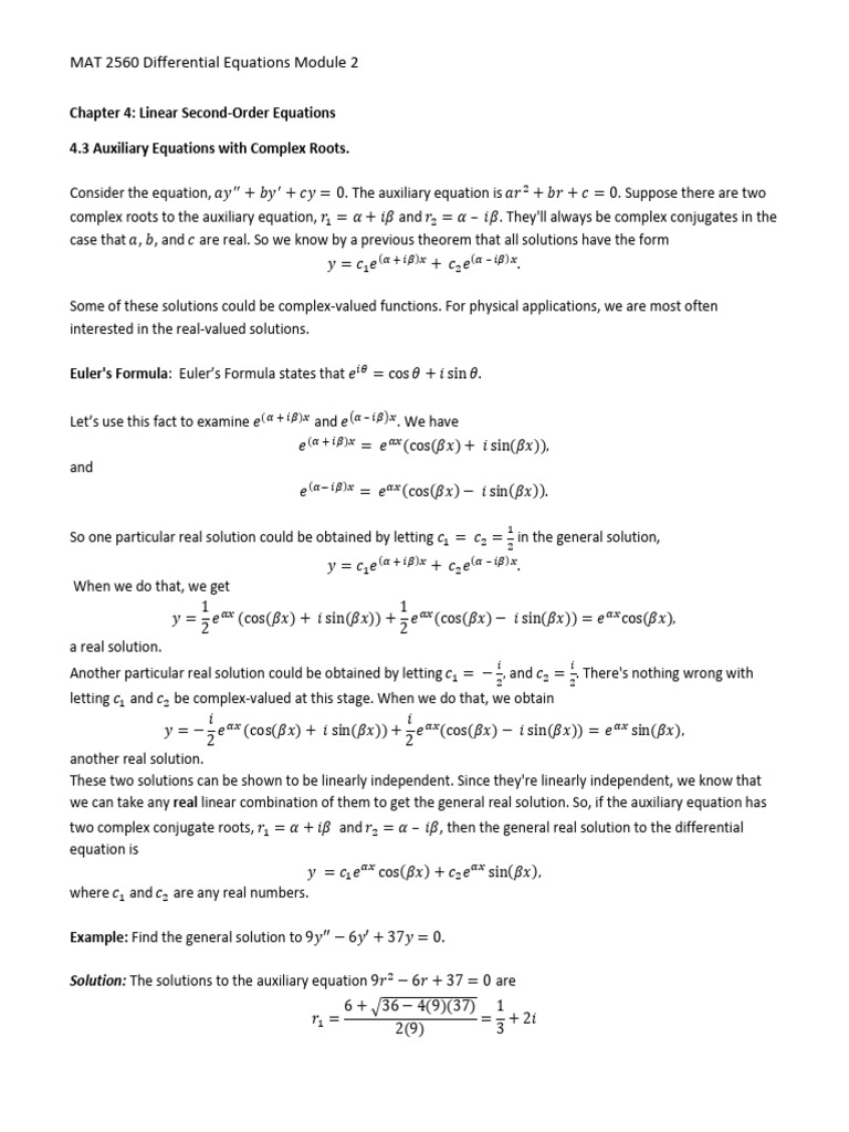 Complex Roots in Linear ODEs | PDF | Calculus | Functions And Mappings