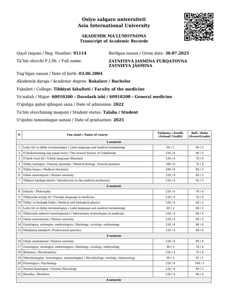 Academic Transcript for Zayniyeva Jasmina | PDF | Biology | Life Sciences
