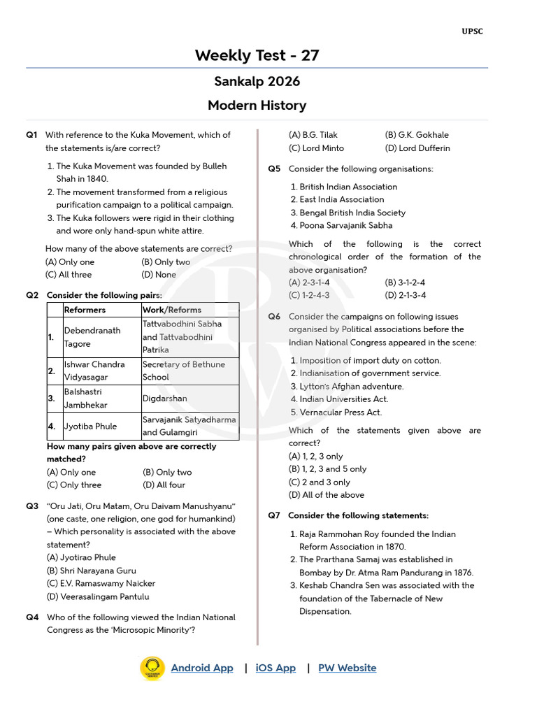 UPSC Weekly Test 27: Modern History Quiz | PDF | Indian Rebellion Of 1857