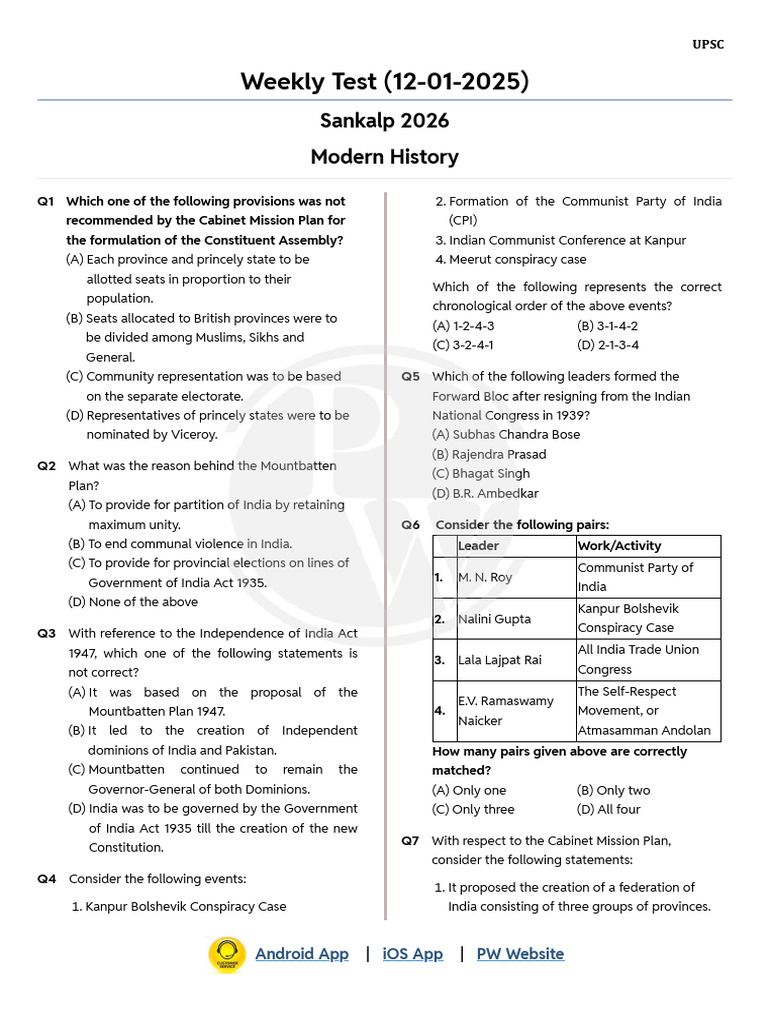 UPSC Weekly Test on Indian History | PDF | Partition Of India | India ...