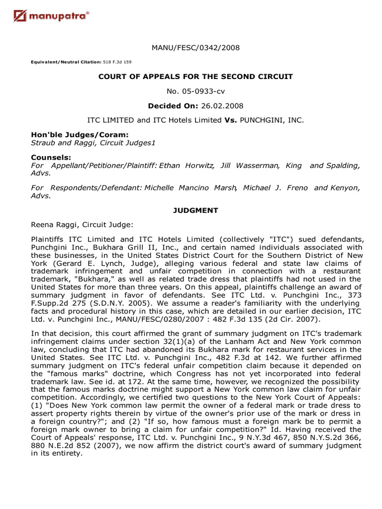 ITC Ltd. v. Punchgini, Inc. Summary Judgment | PDF | Judiciaries ...