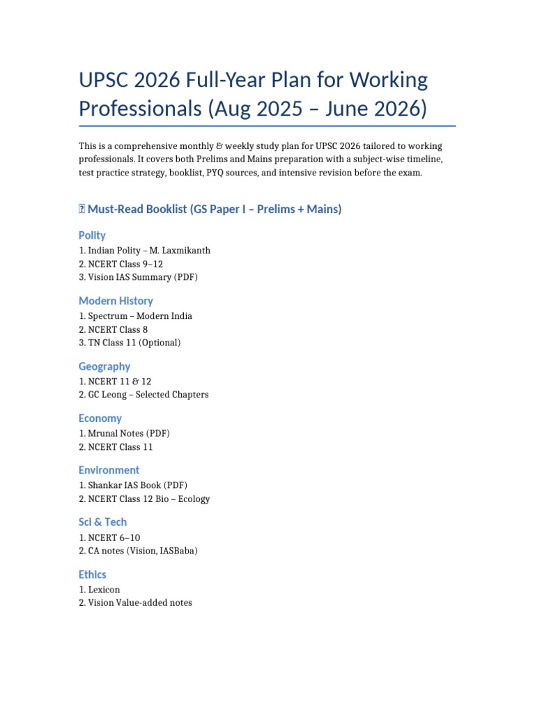 UPSC 2026 Study Plan for Professionals | PDF
