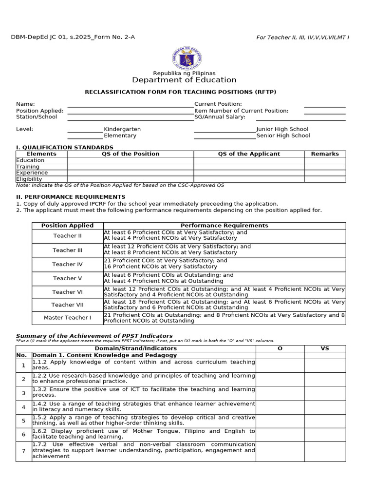 Teacher Reclassification Form 2025 | PDF | Educational Assessment ...