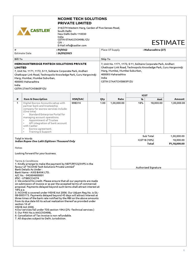 Digital Escrow Services Invoice Estimate | PDF