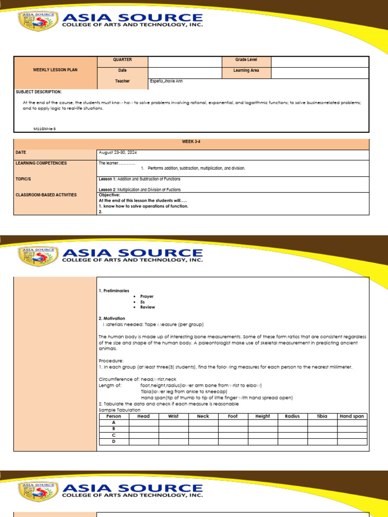 Weekly Math Lesson Plan for Functions | PDF | Function (Mathematics ...