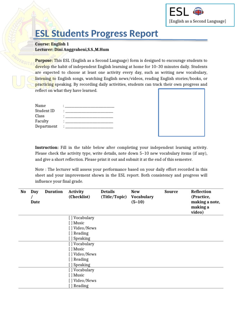 Ms Dini English - Learning - Progress - Sheet | PDF | English As A ...