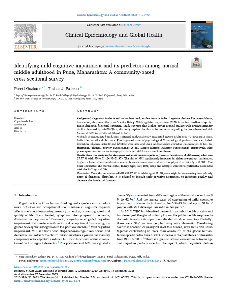 Mild Cognitive Impairment in Pune Adults | PDF | Dementia