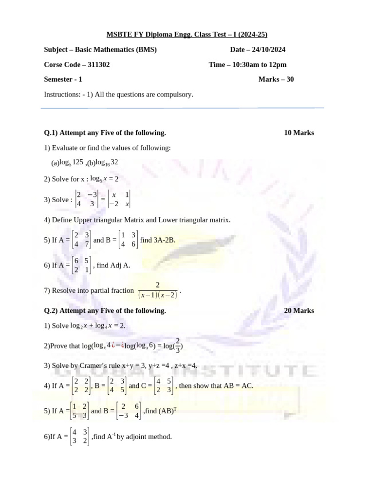 MSBTE Basic Mathematics Test 2024 | PDF