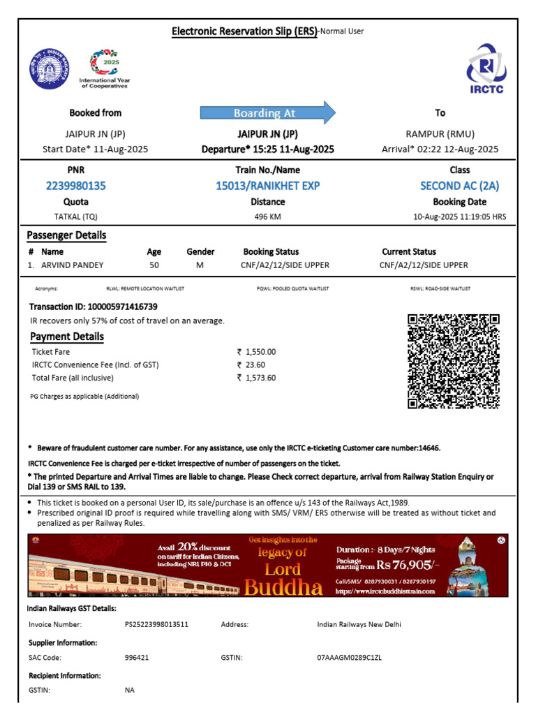 15013/RANIKHET EXP Second Ac (2A) | PDF | Identity Document | Payments