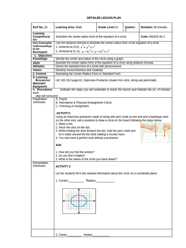 Circle Equation Lesson Plan for Grade 10 | PDF | Circle | Radius