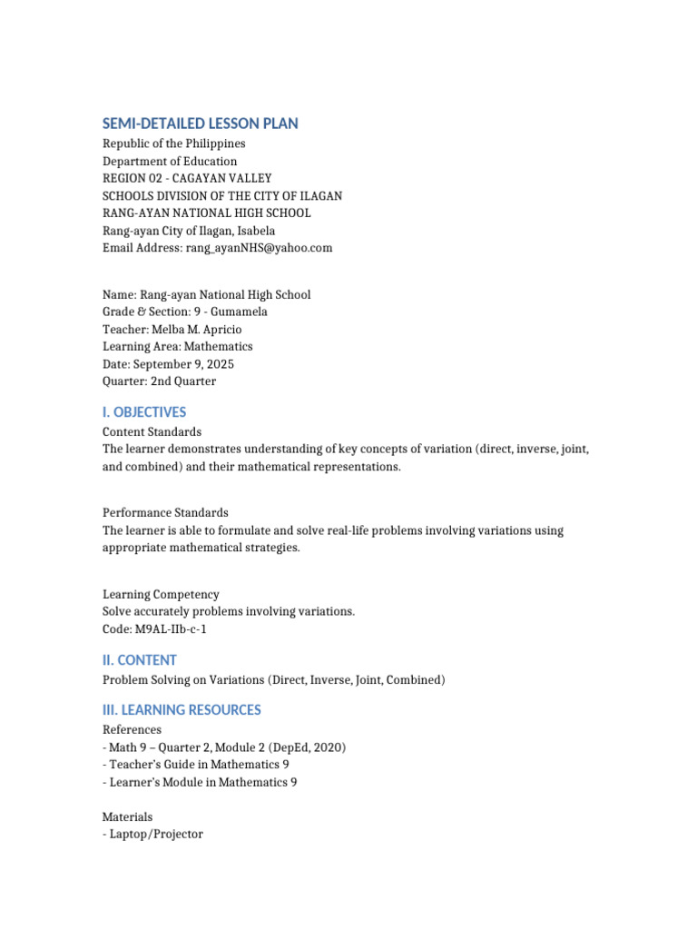 Mathematics Lesson Plan on Variations | PDF | Teachers | Learning