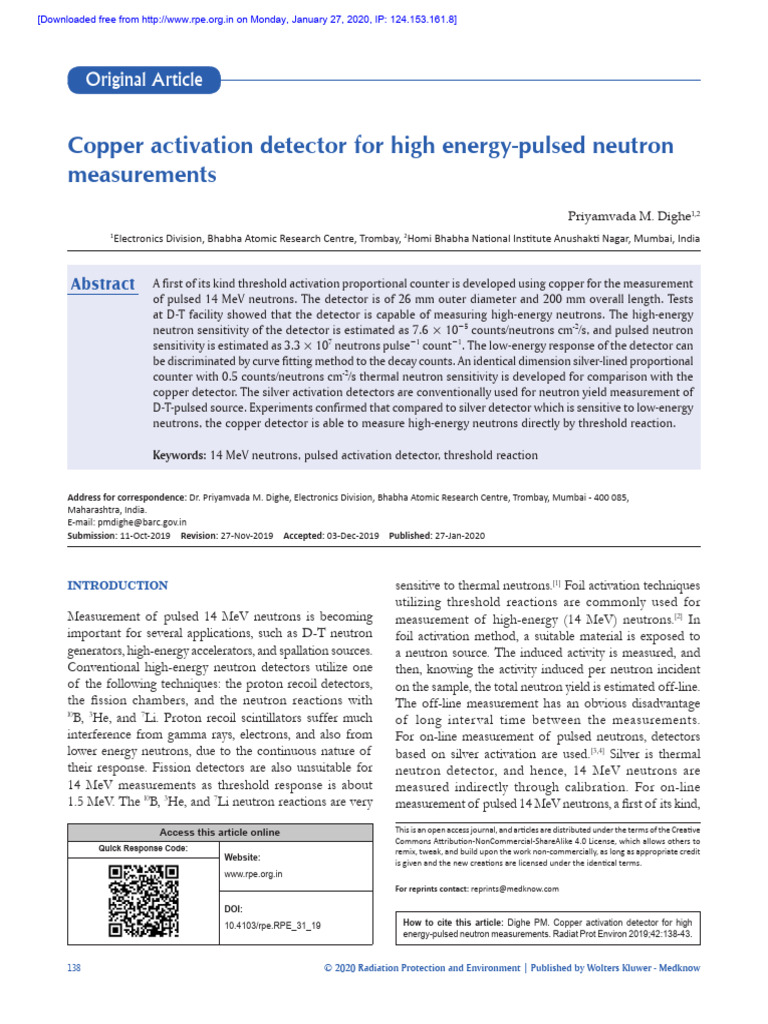Copper Detector for 14 MeV Neutron Measurement | PDF | Neutron ...