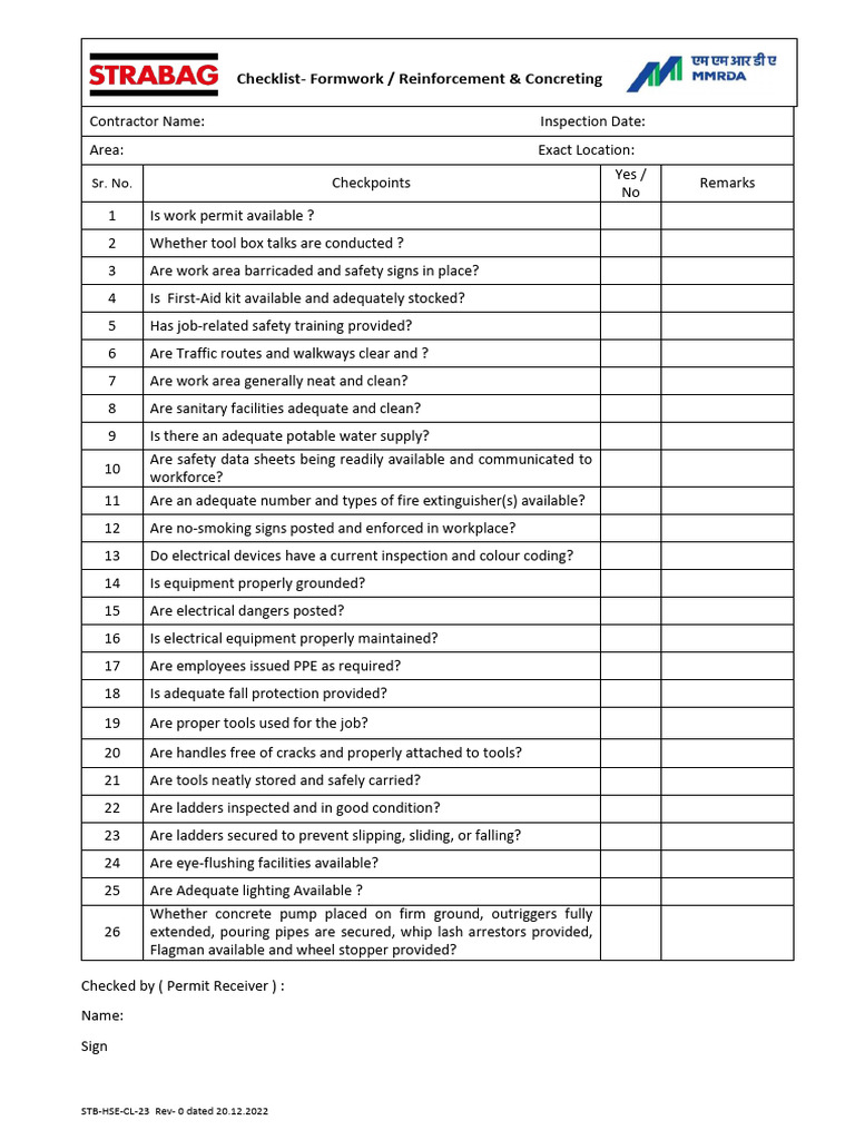 Formwork Safety Checklist for Concreting | PDF