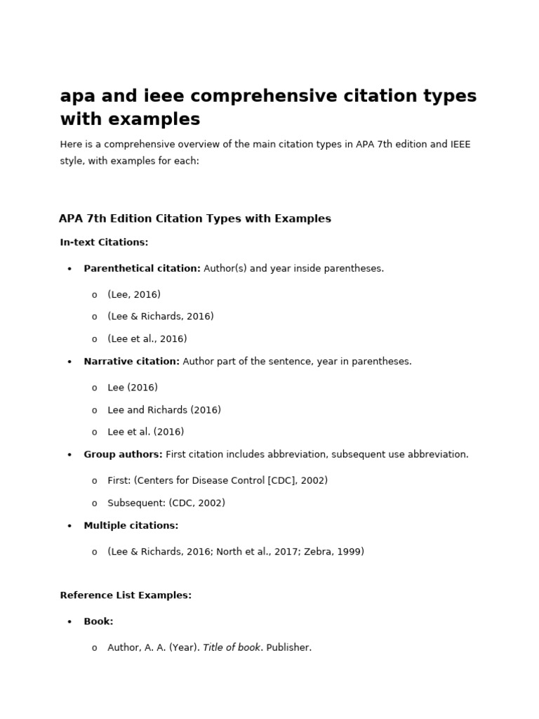 Apa and Ieee Comprehensive Citation Types With Exa | PDF | Apa Style ...