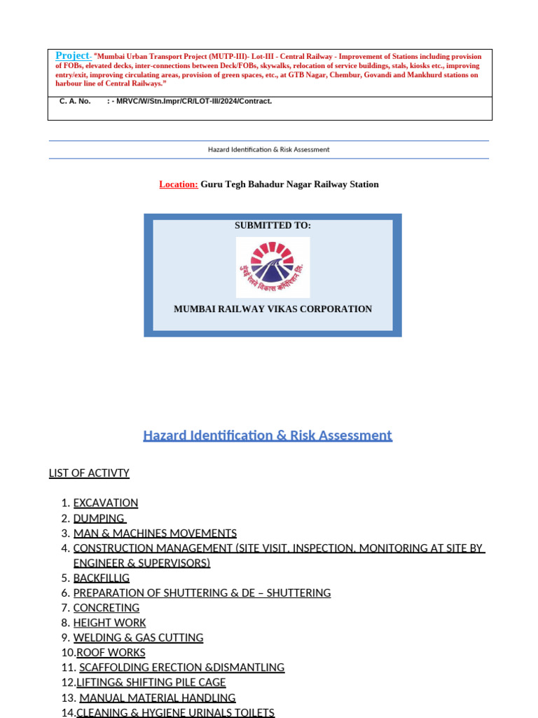 Mumbai Urban Transport Project Risk Assessment | PDF | Risk | Hazards